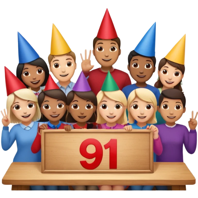 group of people behind a table, one holding a sign with the number 9 emoji