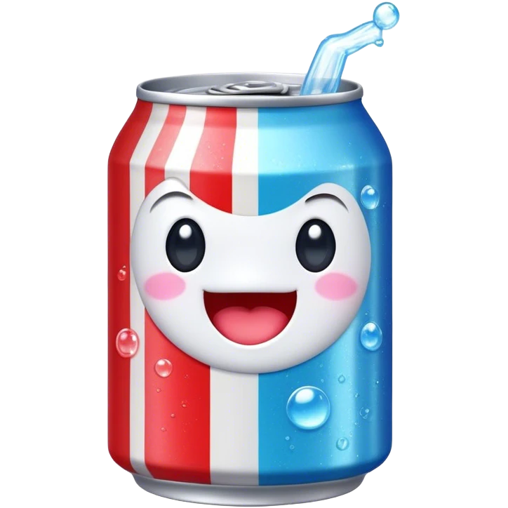 Cute Kawaii Soda Can, bubbly and vibrant, bright red and blue stripes, playful fizz popping around, a chubby happy face with wide sparkling eyes, energetic and refreshing! emoji