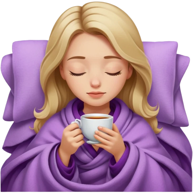 dark blonde girl inside a lilac blanket sipping tea eyes closed emoji