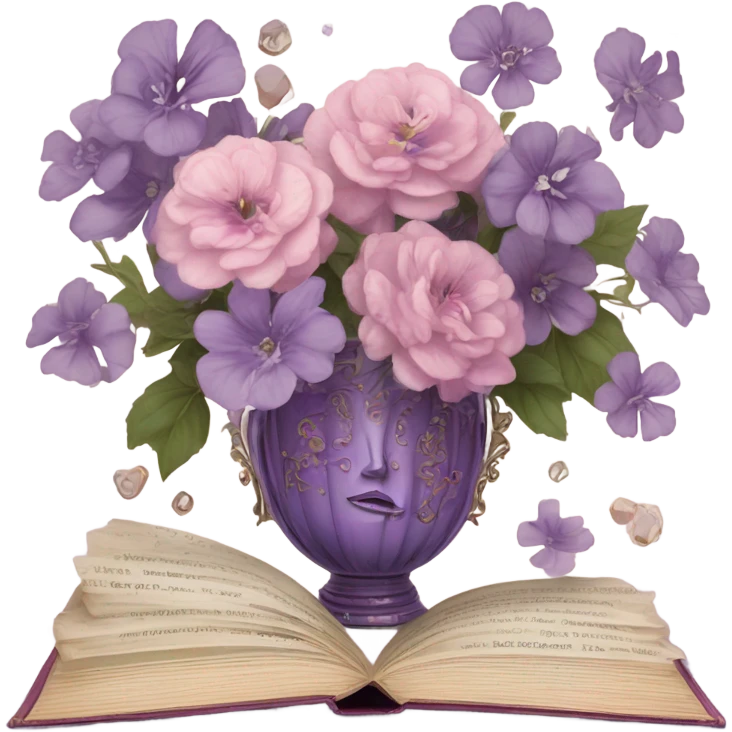 An aesthetic arrangement of a violet vintage book and pink flowers in a glass vase, surrounded by antique letters emoji