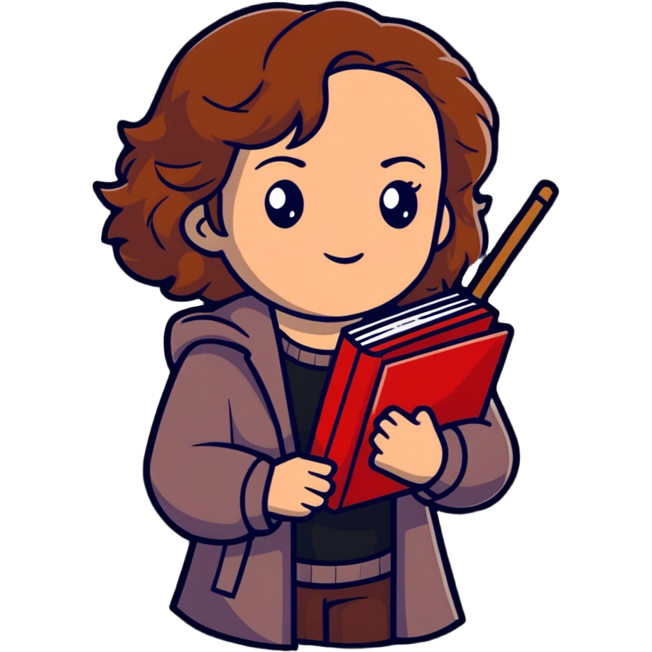 Hermione Granger with stack of books and wand emoji