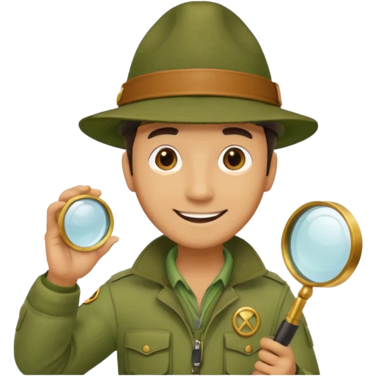  man in beige moss green explorer outfit, hat, holding magnifying glass, smile emoji