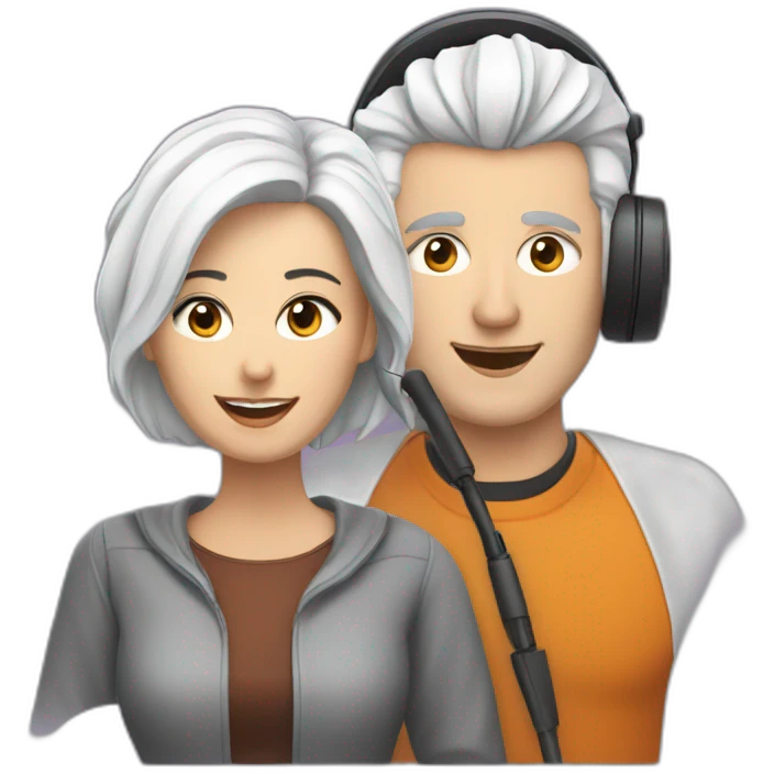 White man with dark hair and woman with short white hair, podcasting with mics and a MacBook emoji