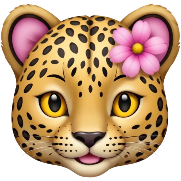 A leopard with peaceful smile, A pink flower with a yellow center is tucked behind its right ear
 emoji