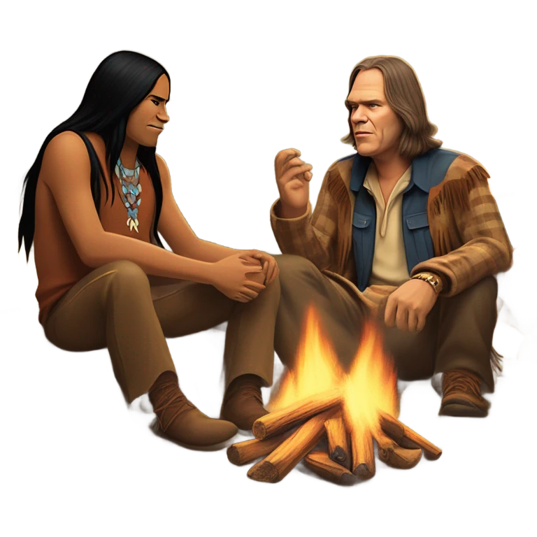 Neil young from the 70’s sitting around a fire with Pocahontas and Marlon Brando emoji
