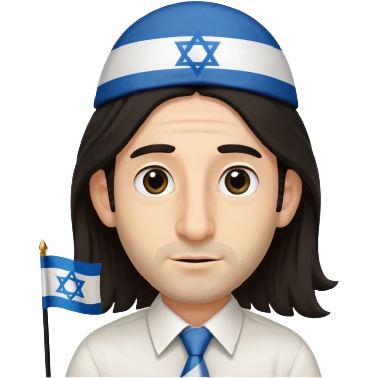 jewish jew man's face, wearing a tiny black kippah and 2 thin long hair strands near the ears, big nose, only face, no body, no mustache, holding israel flag emoji
