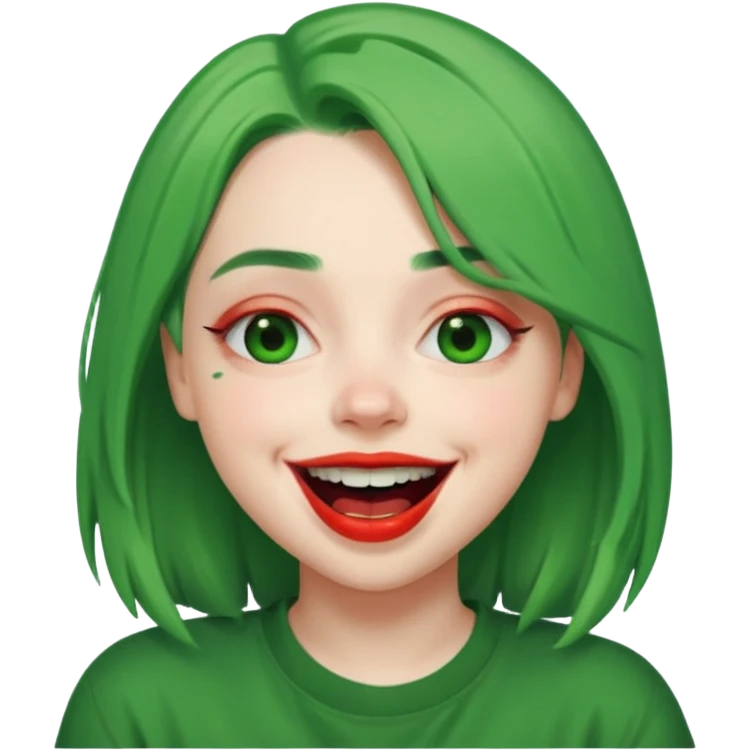 girl with green hair like Billie Eilish and red lipstick, laughing expression emoji