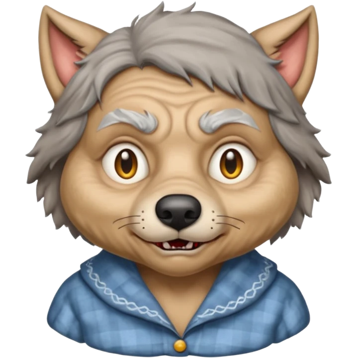 The big bad wolf is wearing Grandma's clothes, yet its face still looks like a wolf's. emoji