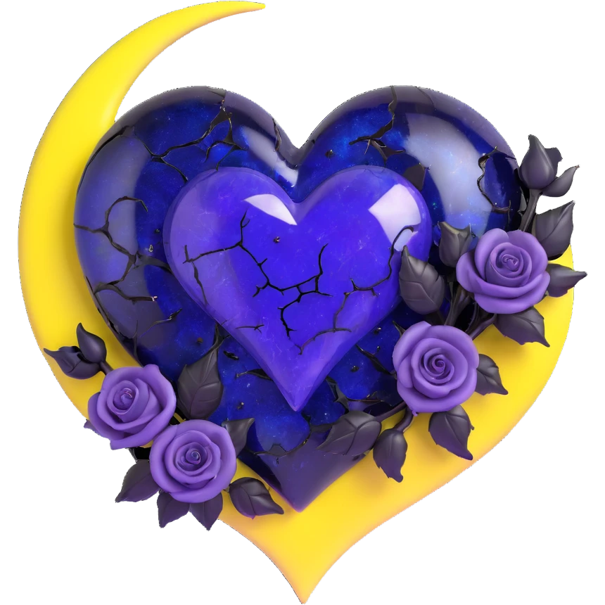 gothic heart made of midnight blue glass, silver crescent moon, black roses, holographic stardust, neon purple lightning, wet and cracked glass emoji