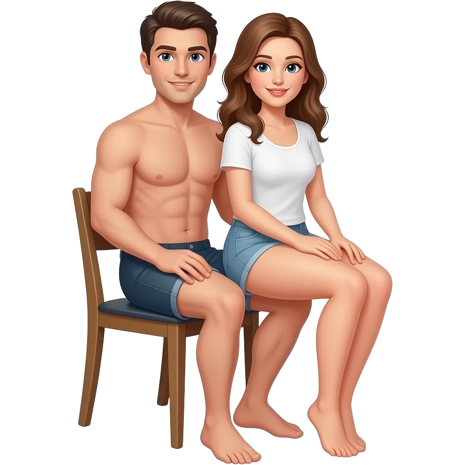 Completely naked man sitting on chair, naked woman sitting on his thighs, her hands on his knees emoji