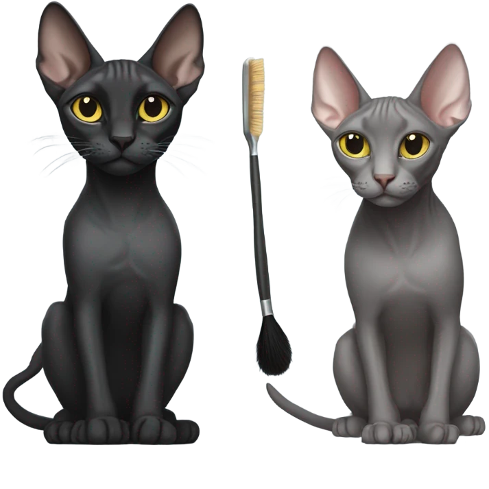 Black sphinx cat with brush hair and gray sphinx cat together emoji