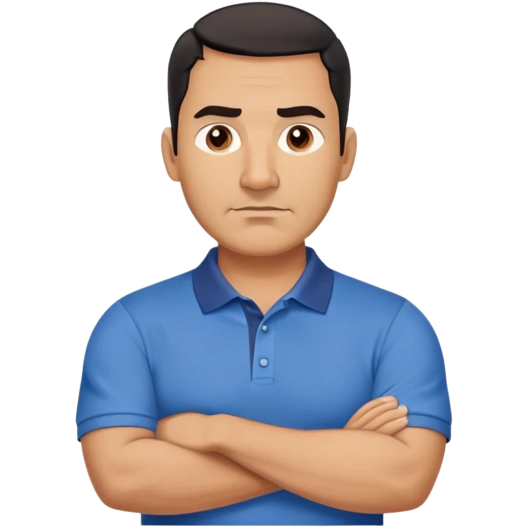 Strong built middle-aged Hispanic man with tan complexion, square masculine face with defined jawline, short black hair with clean fade cut, medium dark brown eyes, thick eyebrows, wide nose, neutral expression, wearing blue polo shirt emoji