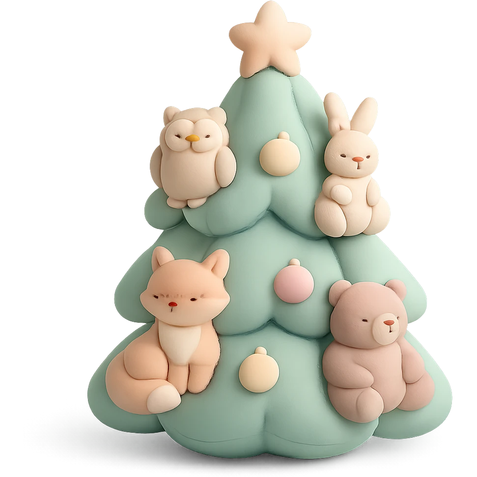 pine tree decorated with soft woodland critters, soft pastel colors, cushion style emoji