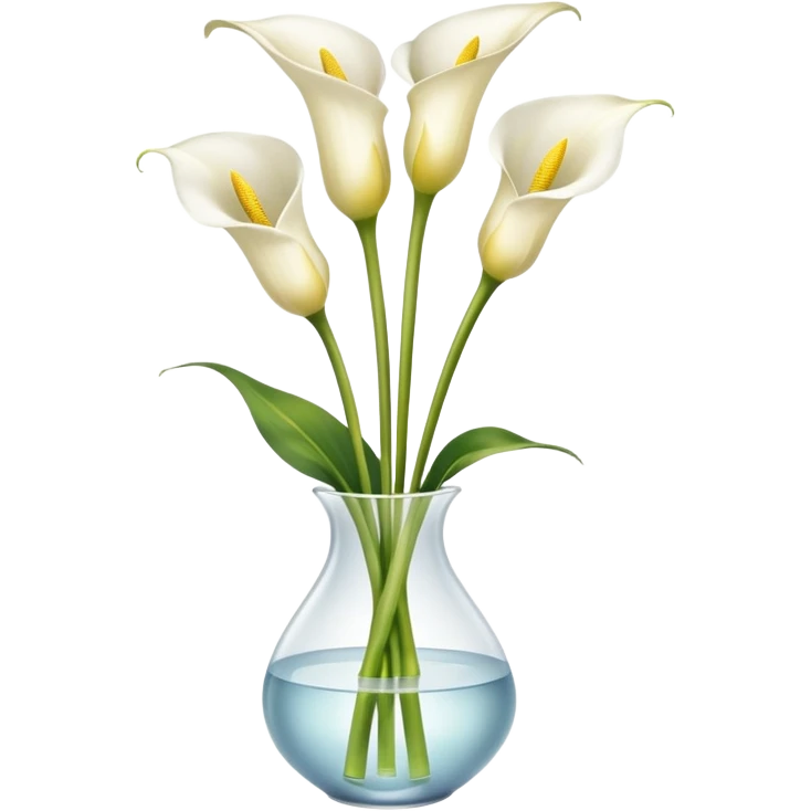 Ultra realistic beautiful Calla Lily Zantedeschia Bouquet with a yellow satin ribbon in a translucent vase with water  emoji