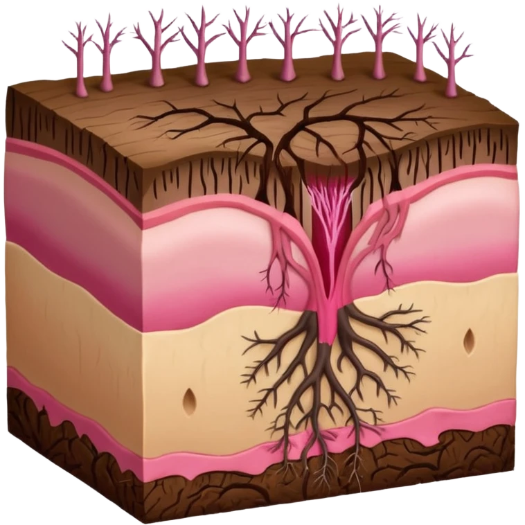 hair follicle cross-section, showing skin layers, root, and growing hair, with pink colors emoji