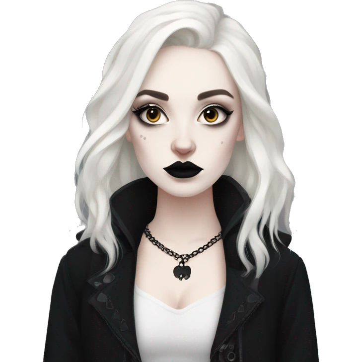 Goth girl, dressed in black, pale skin, trad goth makeup, big eyeliner, white foundation, batmests, black, thick hair emoji