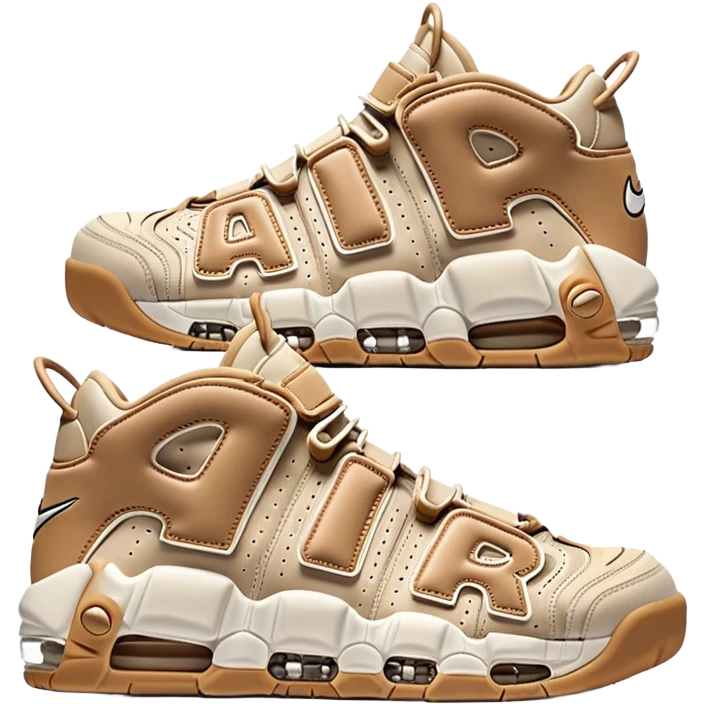 Clean iOS-style emoji of a pair of beige Nike Air More Uptempo sneakers, with left and right shoes arranged with one slightly behind the other, simple minimal design with subtle shadows emoji