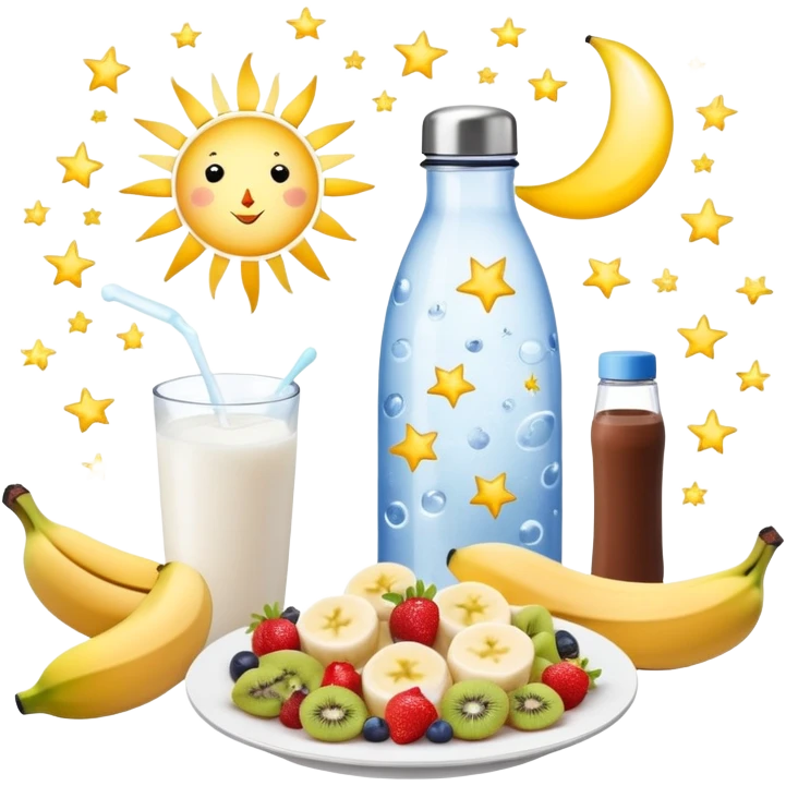 Mystical daily routine constellation: water bottle, sun, chicken plate, banana, gym weight, yogurt, fruits and chocolate, and moon symbols arranged like stars in a constellation pattern with glowing lines connecting them in sequence emoji
