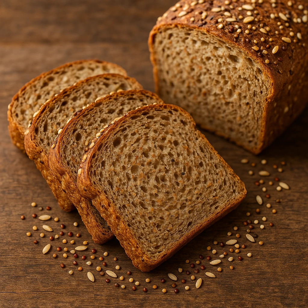 sliced whole wheat bread with quinoa and rice, showing texture and seeds, artisanal style emoji