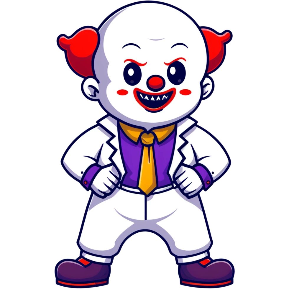 full-body demonic clown in a white leisure suit with bellbottom pants, bald, black ram horns, elevator shoes, flashy belt, ruffled shirt, colorful tie emoji