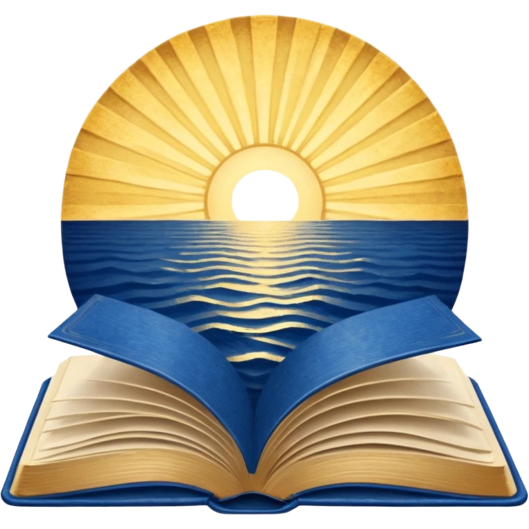 deep blue-to-golden sunrise book with textured aged cover, radiating hope, purpose, power of finding meaning in adversity emoji