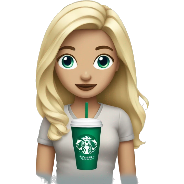 blonde girl blue eyes with Starbucks cup drink emoji