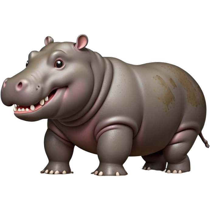 cinematic-hippo-realistic-full-body side view-standing on all fours-emoji,-massive-round-frame-partially-submerged-in-muddy-water,-wide-mouthed-grin-exposing-huge-teeth,-head-tilted-dramatically,-thick-greyish-brown-hide-glossy-from-water,-simplified-yet-realistic-focused-features,-highly-detailed,-glowing-with-an-almost-sarcastic-glow emoji