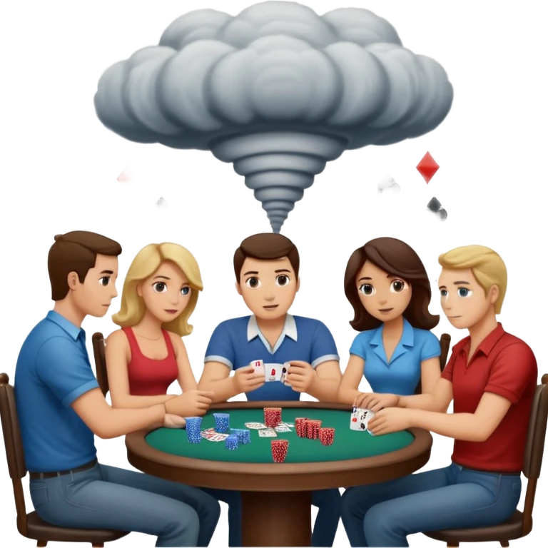 people sitting around a game table with a tornado emoji