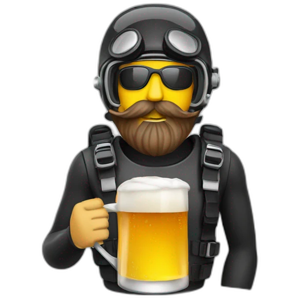 Scuba diver with mustache and beard drinking a mug of beer emoji