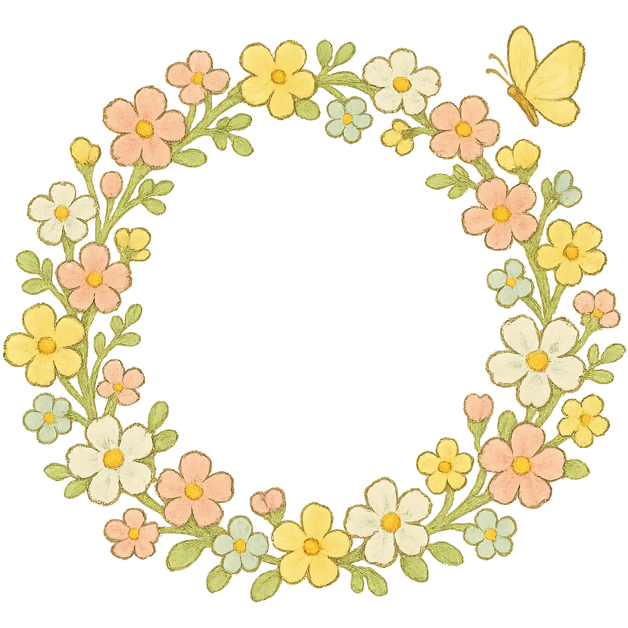 a floral wreath made of small pastel flowers with a tiny butterfly, Japanese hand-drawn, full object, transparent background emoji
