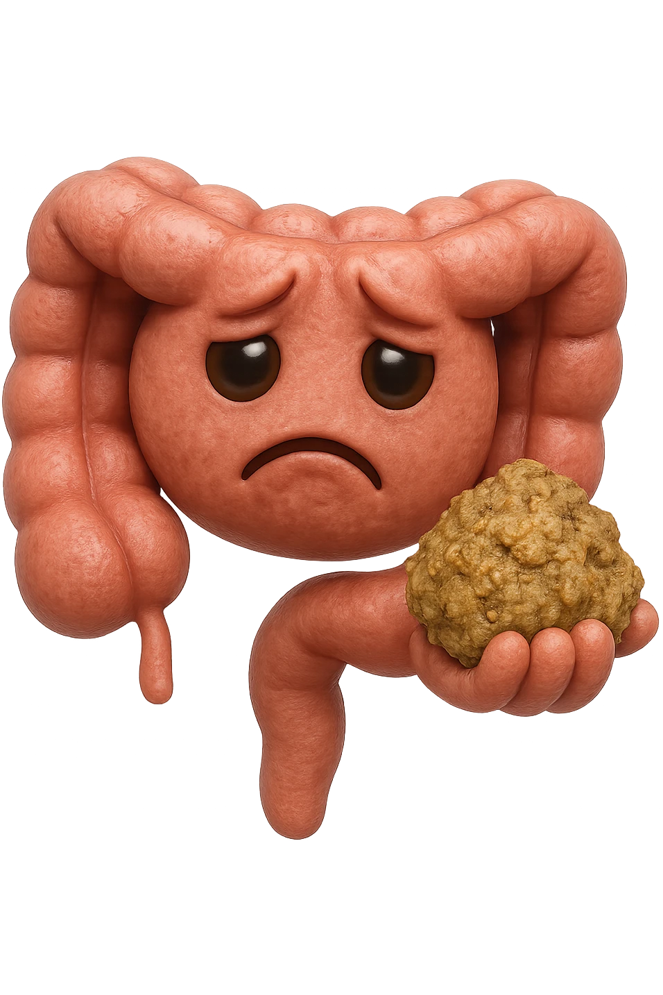 EMOJI STILE IPHONE 3D DI un intestino con espressione triste mentre tiene in mano delle fibre fermentate a poltiglia, FALLO MOLTO REALISTICO IN 3D emoji