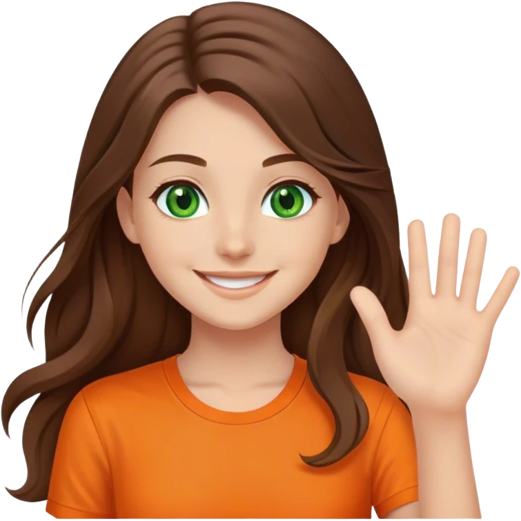 smiling girl with long brown hair, middle hair split, waving, green eyes, orange shirt emoji