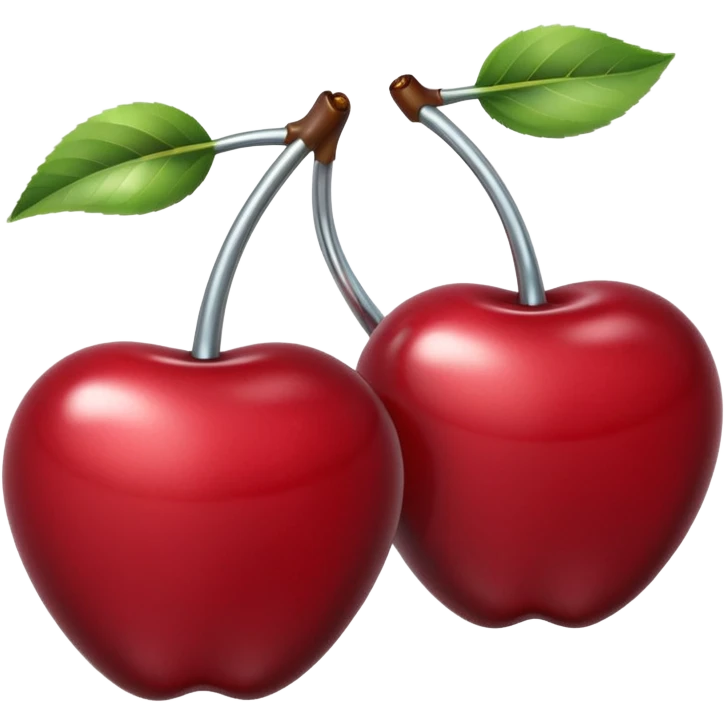 A pair of cherries emoji made of polished silver chrome, smooth rounded shapes, glossy metallic finish, soft highlights and reflections, cute proportions, iOS emoji style, centered, clean white background, no text emoji