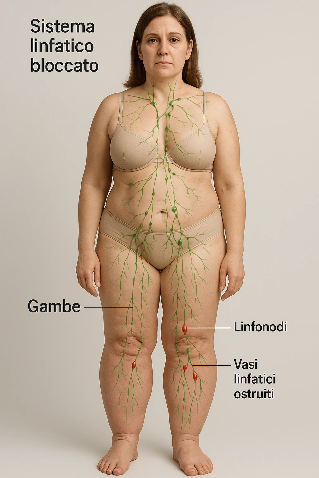 Donna con sistema linfatico bloccato con focus sulle gambe immagine realistiche 4k in italiano emoji