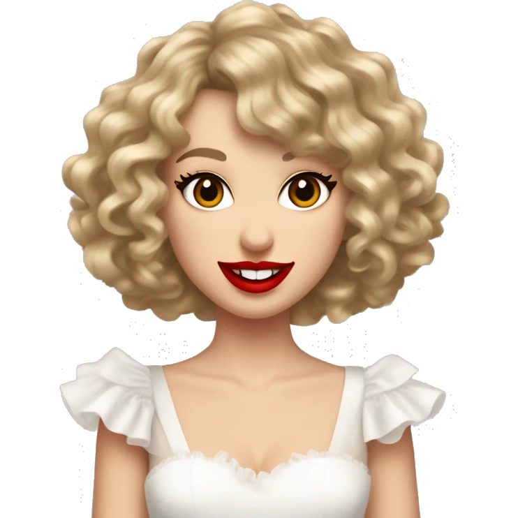 Simple Taylor Swift curly hair, number 13 on the back of her hand, wearing a frilly white dress, red lipstick, smiling, simple  emoji