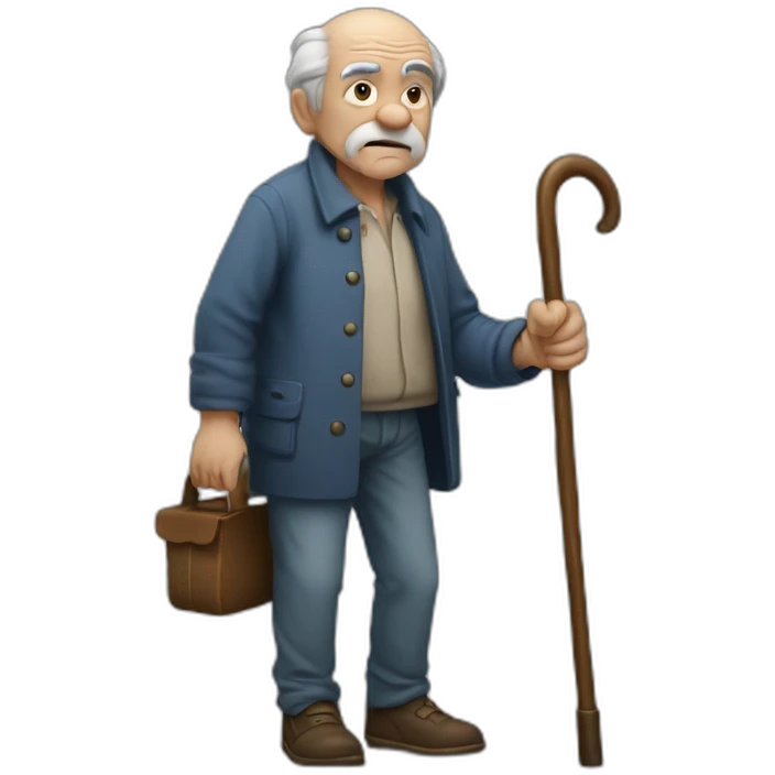 Old man leaning on a walking cane and holding his crancky back with his hand, grumpy face, detailed emoji