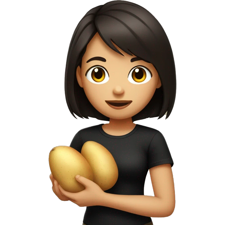 Girl with dark brown bob haircut and fair skin in black t-shirt holding a potato  emoji
