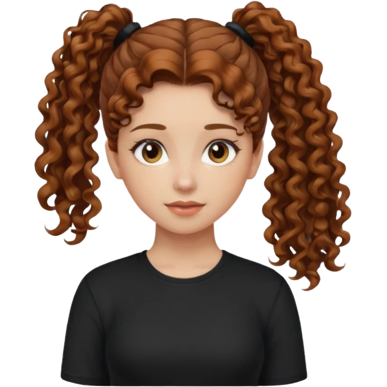 Girl, chestnut colored curly hair, set up ponytail hair, black shirt emoji