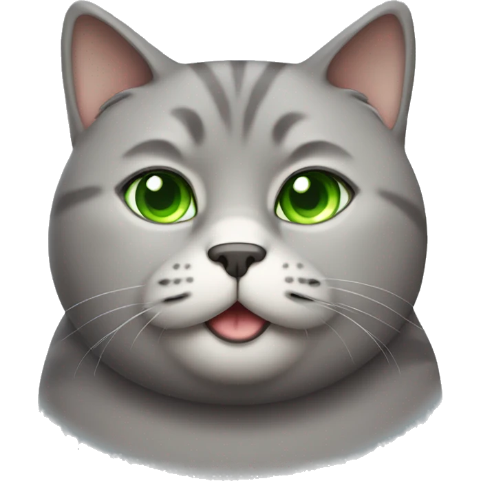 grey fat cat, looking cute and round, green eyes emoji