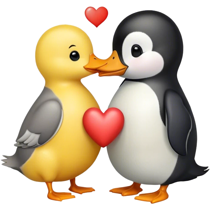 Yellow duck holding a heart and kissing a penguin emoji