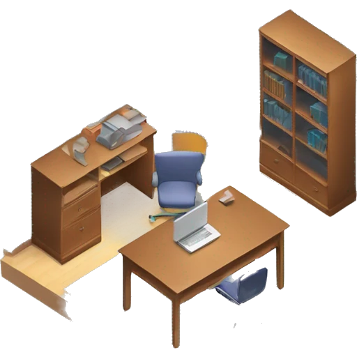 isometric square transparent solid outline border containing an office desk where a laptop and a set of books are arranged emoji