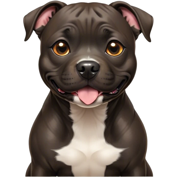 Cinematic Cute Black/Brindle Staffordshire Bull Terrier Portrait Emoji, Head tilted playfully and inquisitively, featuring a glossy Fur with a dynamic mix of black and brindle, round, sparkling dark eyes filled with curiosity, Simplified yet irresistibly adorable features, highly detailed, glowing with a warm, friendly glow, high shine, affectionate and spirited, stylized with a touch of whimsy, bright and endearing, soft glowing outline, capturing the essence of a mischievous yet loving pup, so playful it feels like it could bound out of the screen and into your arms! emoji
