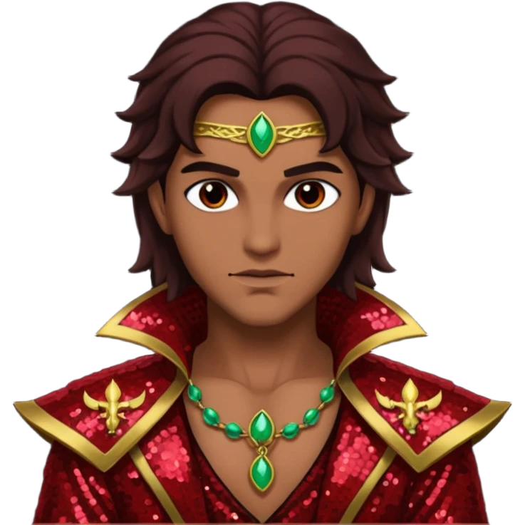 Samael, Poison of God from Gods and Goddesses with tan skin, long dark brown hair, dark red sequin outfit emoji