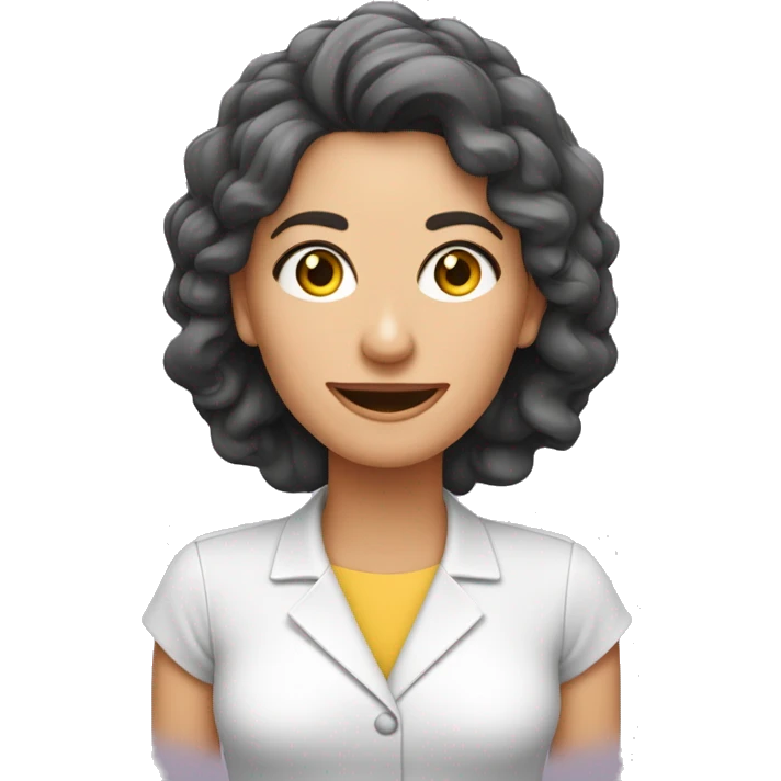 Mulher branca, Nutricionista com jaleco cor de rosa, cabelos longos e ondulados, boca pequena, olhos e cabelos castanhos.  emoji