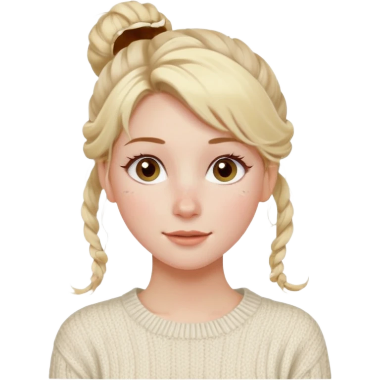 blonde hazel eyes woman with a white cable knit sweater and one messy bun with tendrils of hair flowing down her face and she is happy pale, some freckles, blush. she has a cateye wing and long lashes emoji
