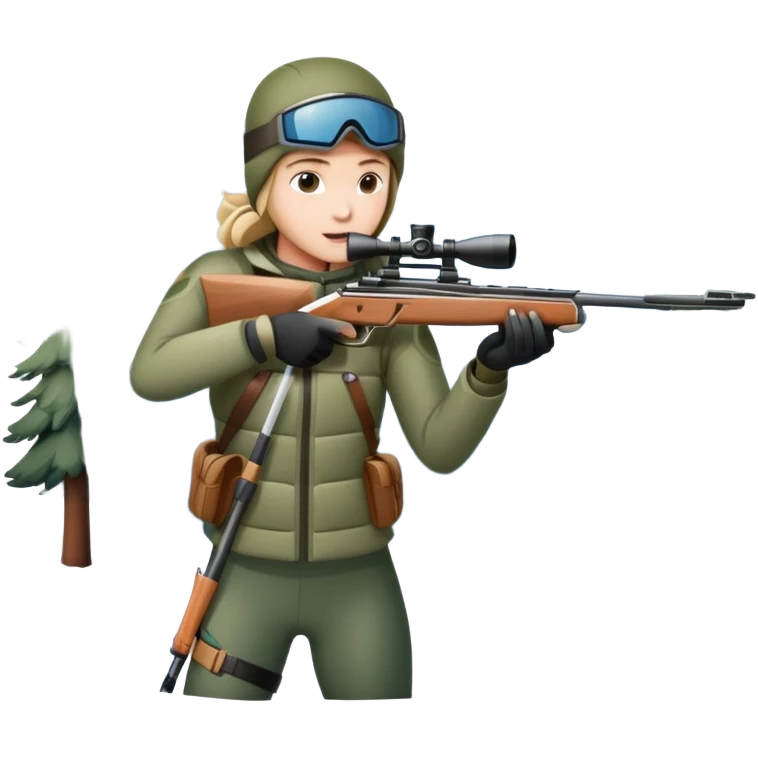 An icon showing a snowy landscape with pine trees, mountains, and a clear sky with a biathlete aiming a rifle in the foreground, wearing winter gear and skis. Transparent background emphasizes the precision, endurance, and beauty of this winter sport. emoji