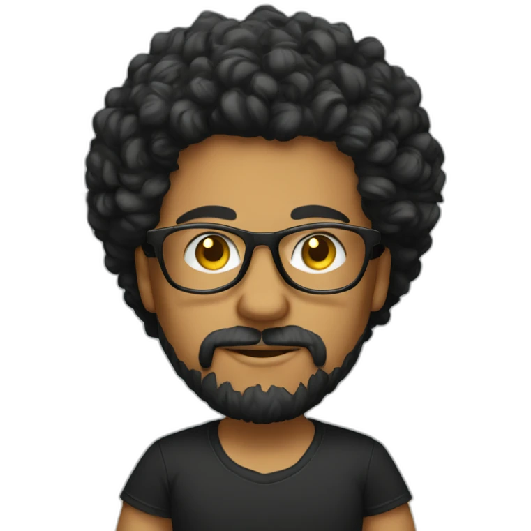 men with black curly hair and beard and golden glasses in black t-shirt work on computer emoji