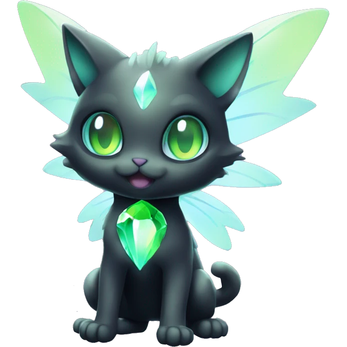 Shiny, Sparkly, Black Dark-type-Fairy-Type-Psychic-Ice-type-Fakémon-Cat Purple eyes, green gem, full body emoji
