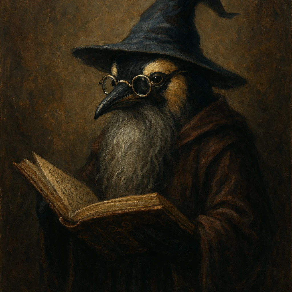 wise penguin wizard with glasses, long beard, and spellbook, fantasy illustration style emoji