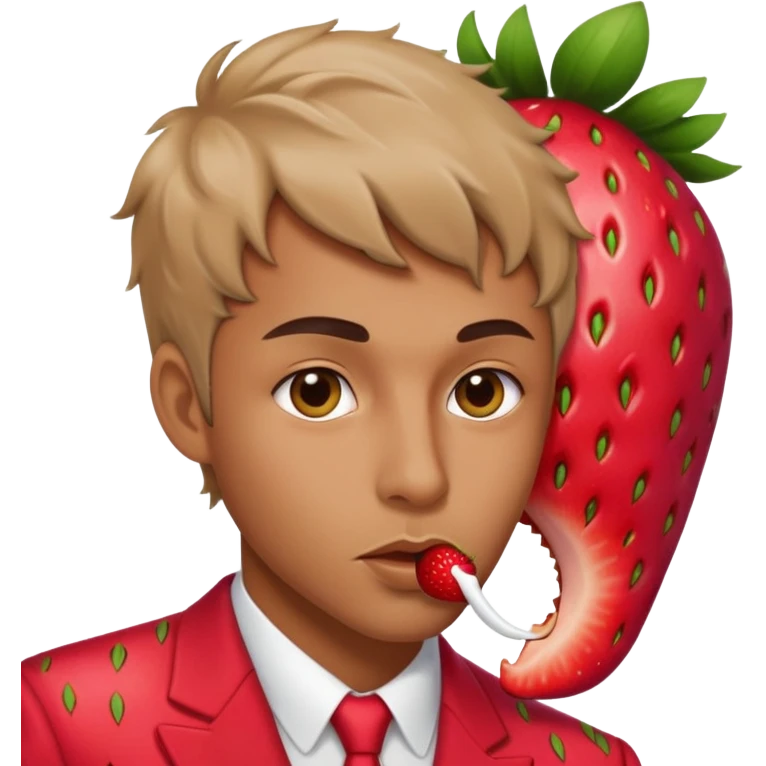 Mn wearing strawberry suit with a sultry look and lip bite emoji
